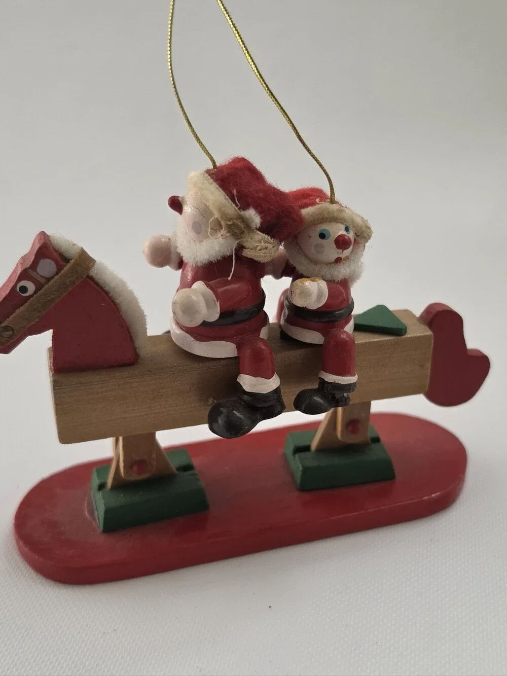Two Santa Rocking Horse Wooden Christmas Ornament Folk Art Holiday Decor